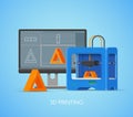 Vector 3D printing concept poster in flat style. Design elements and icons. Industrial printer prints objects from