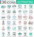 Vector 3D printing technology flat line outline icons for apps and web design. 3D printing icon.