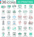 Vector 3D printing technology flat line outline icons for apps and web design. 3D printing icon.