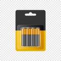 Vector 3d Realistic Alkaline AA Batteries in Blister, Packaging. Black and Yellow Paper Accumulator Pack Isolated