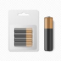 Vector 3D Realistic Alkaline Battery Set in Paper Blister Closeup Isolated. AA Size. Design Template for Branding and