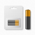 Vector 3D Realistic Alkaline Battery Set in Paper Blister Closeup Isolated. AA Size. Design Template for Branding and