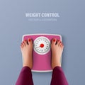 Vector 3d Realistic Bathroom Scales and Female Feet in Top View. Weight Control Concept Banner with Bathroom Body Weight Royalty Free Stock Photo