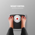 Vector 3d Realistic Bathroom Scales and Female Feet in Top View. Weight Control Concept Banner with Bathroom Body Weight Royalty Free Stock Photo