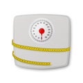 Vector 3d Realistic Bathroom Scales with Measuring Yellow Tape. Bathroom Body Weight Scales Closeup Isolate. Classic