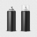 Vector 3d Realistic Black Aluminum Blank Spray Can, Bottle, Transparent Lid Set Isolated. Design Template, Sprayer Can