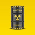 Vector 3d Realistic Black Barrel on Yellow Background, Hazard Liquid. Caution, Radioactive, Hazardous Chemical Materials