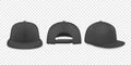 Vector 3d Realistic Black Blank Baseball Cap, Snapback Cap Icon Set Closeup Isolated on Transparent Background. Design