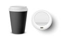Vector 3d Realistic Black Disposable Closed Paper, Plastic Coffee Cup for Drinks with White Lid Set Closeup Isolated on Royalty Free Stock Photo
