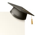Vector 3d Realistic Black Graduate College, High School, University Black Cap Icon Closeup with Blank White Card Royalty Free Stock Photo