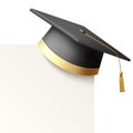 Vector 3d Realistic Black Graduate College, High School, University Black Cap Icon Closeup with Blank White Card Royalty Free Stock Photo