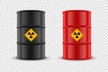 Vector 3d Realistic Black and Red Simple Glossy Enamel Metal Oil, Fuel, Gasoline Barrels. Biohazard, Danger, Radiation