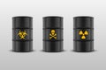 Vector 3d Realistic Black Simple Glossy Enamel Metal Oil, Fuel, Gasoline Barrels. Biohazard, Danger, Radiation Sign