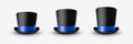 Vector 3d Realistic Black Top Hat Icon Set Closeup with Blue Ribbon Closeup Isolated on White Background. Classic Retro Royalty Free Stock Photo