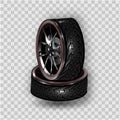 Vector 3d realistic black tyre stacked in pile, shining steel and rubber wheel for car, automobile, isolated on white. Modern rim, Royalty Free Stock Photo