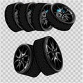 Vector 3d realistic black tyre stacked in pile, shining steel and rubber wheel for car, automobile, isolated on white. Modern rim, Royalty Free Stock Photo