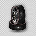 Vector 3d realistic black tyre stacked in pile, shining steel and rubber wheel for car, automobile, isolated on white. Modern rim, Royalty Free Stock Photo