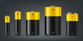 Vector 3d Realistic Black and Yellow Alkaline Battery Icon Set Closeup Isolated. Diffrent Size - AAA, AA, C, D, PP3