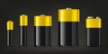 Vector 3d Realistic Black and Yellow Alkaline Battery Icon Set Closeup Isolated. Diffrent Size - AAA, AA, C, D, PP3