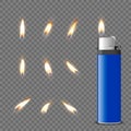 Vector 3d Realistic Blank Blue Gasoline Lighter and Burning Flame Icon Set Closeup Isolated. Fire from a Lighter. Design Royalty Free Stock Photo