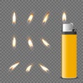 Vector 3d Realistic Blank Yellow Gasoline Lighter and Burning Flame Icon Set Closeup Isolated. Fire from a Lighter