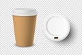 Vector 3d Realistic Brown Disposable Closed Paper, Plastic Coffee Cup for Drinks with White Lid Icon Set Closeup Royalty Free Stock Photo