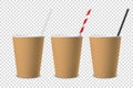 Vector 3d Realistic Brown Disposable Opened Blank Paper, Plastic Coffee, Tea Cup for Drinks with Straw Icon Set Closeup Royalty Free Stock Photo