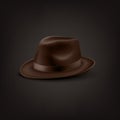 Vector 3d Realistic Brown Vintage Classic Gentleman Black Hat, Cap Icon Closeup Isolated on Black Background. Front