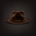 Vector 3d Realistic Brown Vintage Classic Gentleman Black Hat, Cap Icon Closeup Isolated on Black Background. Front View