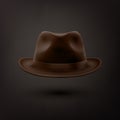 Vector 3d Realistic Brown Vintage Classic Gentleman Black Hat, Cap Icon Closeup Isolated on Black Background. Front View