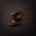 Vector 3d Realistic Brown Vintage Classic Gentleman Hat, Cap Icon Closeup Isolated on Black Background. Front, Half Turn