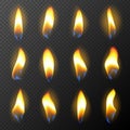 Vector 3d realistic candle fire set isolated on transparent background. Candle or match flame. Different fire light effects for Royalty Free Stock Photo