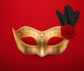 Vector 3d Realistic Carnival Face Mask, Rose, Feather. Golden Mask for Party, Black Feathers, Red Rose. Masquerade Royalty Free Stock Photo