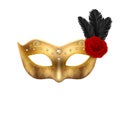 Vector 3d Realistic Carnival Face Mask, Rose, Feather. Golden Mask for Party, Black Feathers, Red Rose. Masquerade