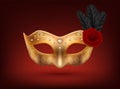 Vector 3d Realistic Carnival Face Mask, Rose, Feather. Golden Mask for Party, Black Feathers, Red Rose. Masquerade Royalty Free Stock Photo