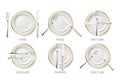 Vector 3d Realistic Ceramic, Porcelain White Plate with Golden Strip Set Isolated on White Background. Dining Etiquette