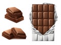 Vector 3d realistic brown chocolate bars, pieces Royalty Free Stock Photo
