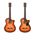 Vector 3d Realistic Classic Old Retro Acoustic Brown Wooden Guitar Icon Set Closeup Isolated on White Background. Design Royalty Free Stock Photo