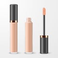 Vector 3d Realistic Closed, Opened Lip Gloss, Foundation, Concealer, Corrector Package, Black Cap Isolated. Glass