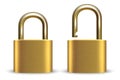 Vector 3d Realistic Closed and Opened Metal Golden Padlock Icon Set Closeup Isolated on White Background. Design