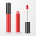 Vector 3d Realistic Closed, Opened Red Lip Gloss, Lipstick Package, Black Cap Set Isolated. Glass Container, Tube, Lid