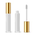 Vector 3d Realistic Closed, Opened White Lip Gloss, Lipstick Package, Golden Cap Set Isolated. Glass Container, Tube