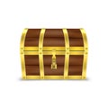 Vector 3d Realistic Closed Retro Vintage Antique Old Treasure Wooden brown Pirate Dower Chest with Golden Metal Stripes