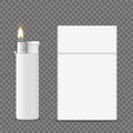 Vector 3d Realistic ClosedClear Blank Cigarette Pack Box and Lighter with Flame Icon Set Closeup Isolated on Transparent