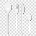 Vector 3d Realistic Cutlery - White Plastic Disposable Fork, Spoon and Knife Icon Set Isolated on Transparent Background Royalty Free Stock Photo