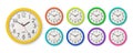 Vector 3d Realistic Different Colors Round Wall Office Clock Set, Design Template Isolated. White Dial, Mock-up of Wall Royalty Free Stock Photo