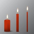 Vector 3d realistic different red paraffin or wax burning party candle icon set closeup isolated on transparency grid Royalty Free Stock Photo