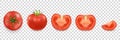 Vector 3d realistic different tomato icon set closeup isolated on transparency grid background. Whole, quarter, half of