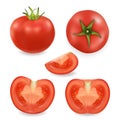 Vector 3d realistic different tomato icon set closeup isolated on white background. Whole, quarter, half of a tomato and