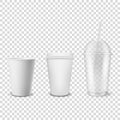 Vector 3d Realistic Disposable Opened and Closed Paper, Plastic Coffee, Tea Cup for Drinks with Plastic Lid Icon Set Royalty Free Stock Photo